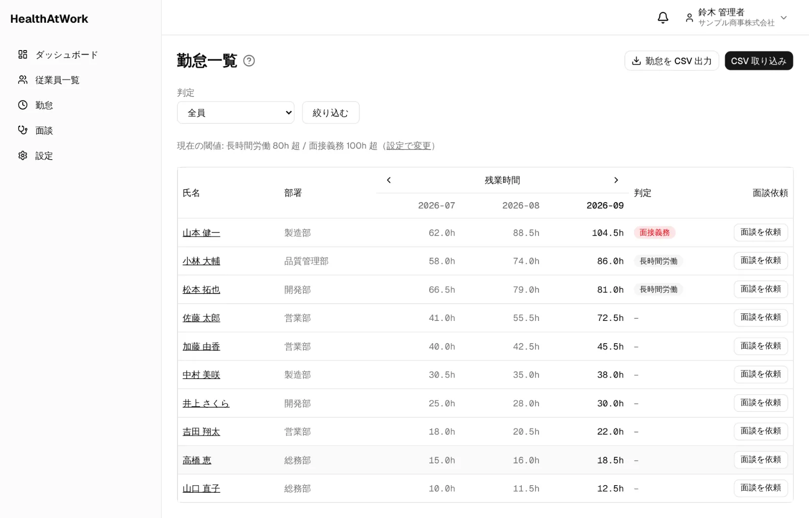 勤怠一覧。右端の「面談を依頼」から次の作業に進めます
